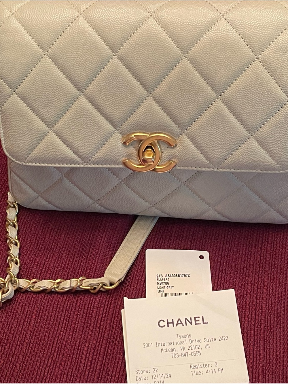 CHANEL Quilted Shoulder Bag in Light Grey with Gold CC Hardware